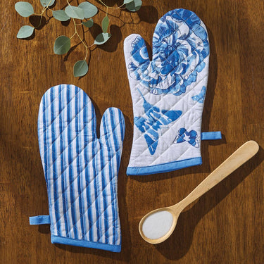 Patricia Heaton Home Florals And Flitters Stripe Oven Mitt Blue Set of 2 Park Designs - The Fox Decor